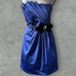 ✅Strapless Sapphire Blue Satin Dress with Black Rhinestone Belt